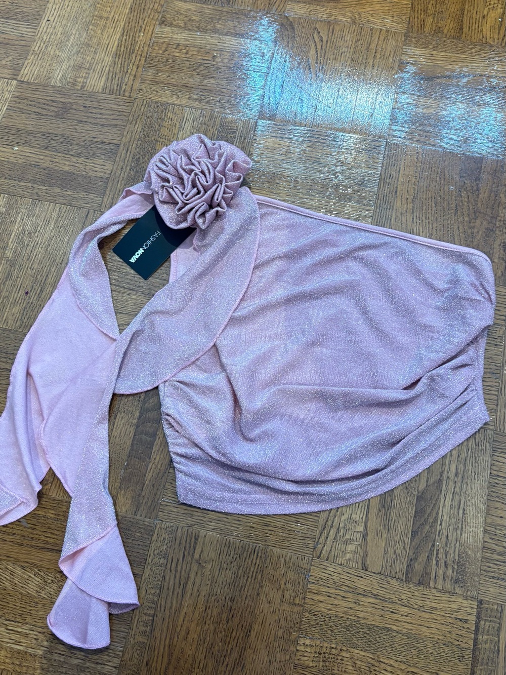 Fashion Nova Pink Sparkle Halter Scarf Top with Rosette